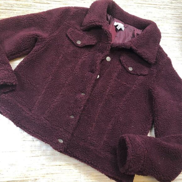 T-104~ TEN SIXTY SHERMAN TEDDY FLEECE TRUCKER JACKET MERLOT WINE RED sz S - Picture 2 of 4